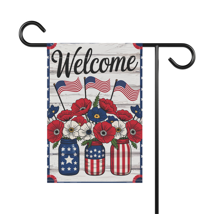 Patriotic Welcome Garden Flag – Red, White & Blue Mason Jar Design