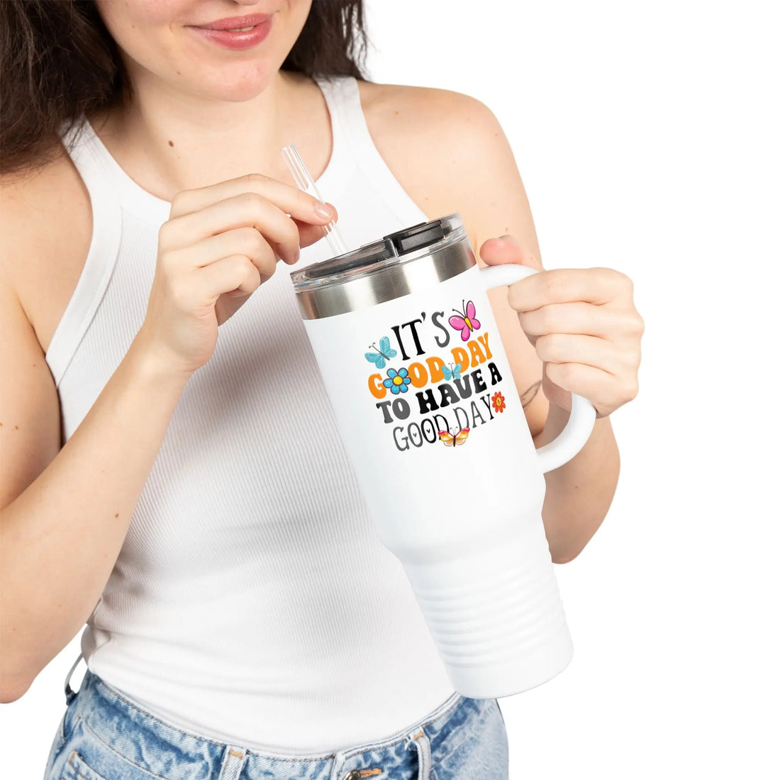 Insulated Travel Mug - Positive Vibes for Daily Adventures, Great Gift for Her, Office Use, Outdoors, Birthday, Inspirational Printify