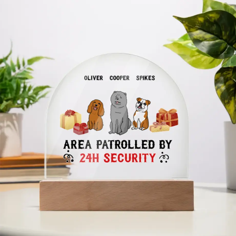 Personalized Dog Security Plaque – “Area Patrolled by 24H Security” with Custom Dog Names & Cartoon Illustrations shineon