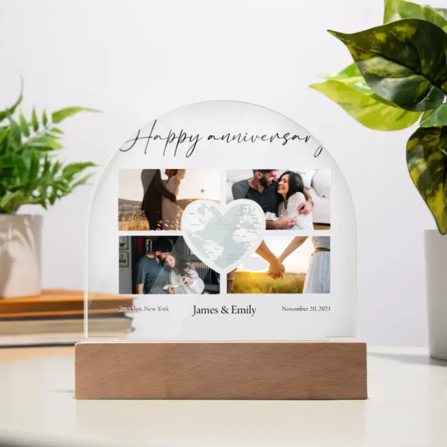 Personalized Anniversary Acrylic Dome Plaque – Custom Photo Collage with LED Base shineon