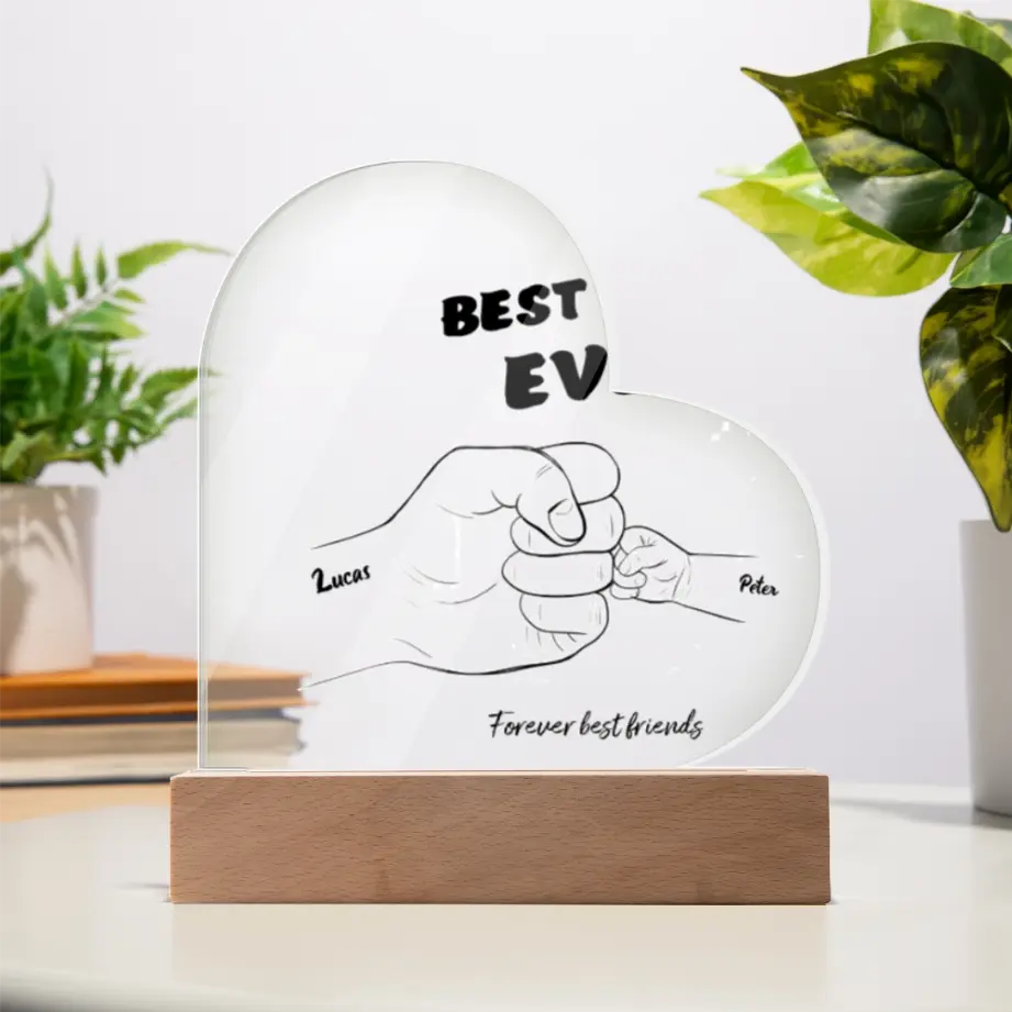 Personalized Father & Child Acrylic Heart Plaque – Fist Bump Design with LED Base shineon