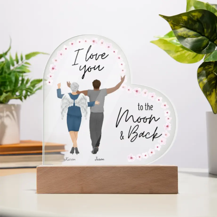 Custom Memorial Acrylic Heart Plaque – “I Love You to the Moon & Back” Gift with Angel Wings & Names shineon