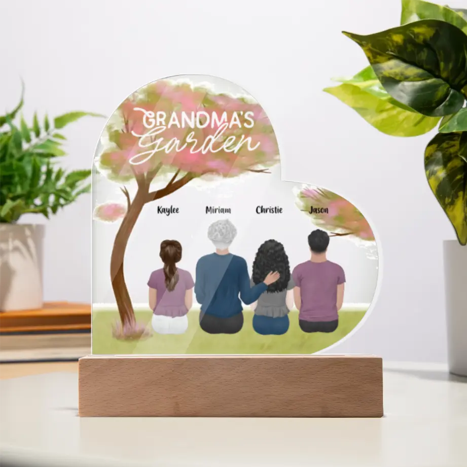 Custom Heart Acrylic Plaque – “Grandma’s Garden” Personalized Gift with Grandkids’ Names & Illustrations shineon