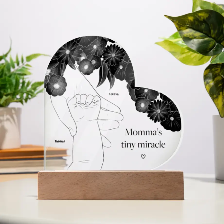 Custom Heart Acrylic Plaque – “Momma’s Tiny Miracle” New Baby Keepsake with Names shineon