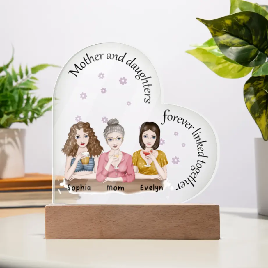 Custom Heart Acrylic Plaque – “Mother and Daughters Forever Linked” Gift with Personalized Characters & Names shineon