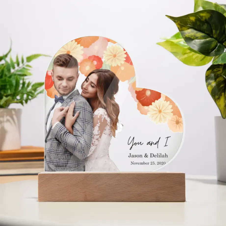 Personalized Wedding Couple Acrylic Heart Plaque – “You and I” Photo Keepsake with LED Base shineon