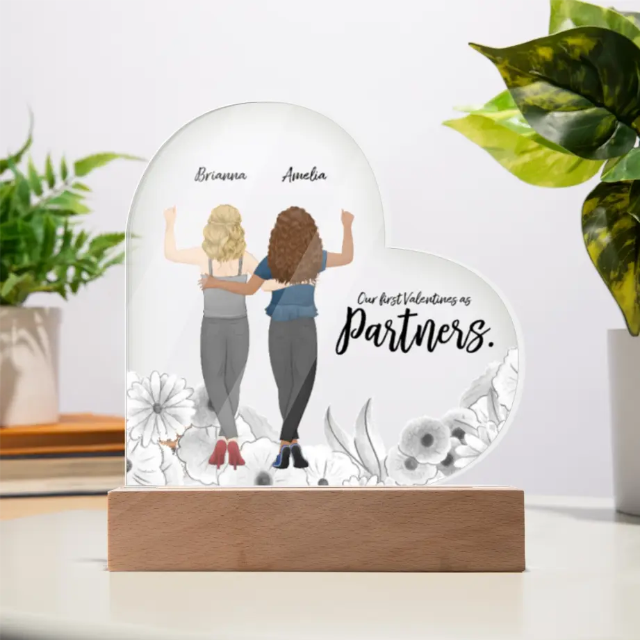 Custom Heart Acrylic Plaque – “Our First Valentine’s as Partners” Gift for Lesbian Couple shineon