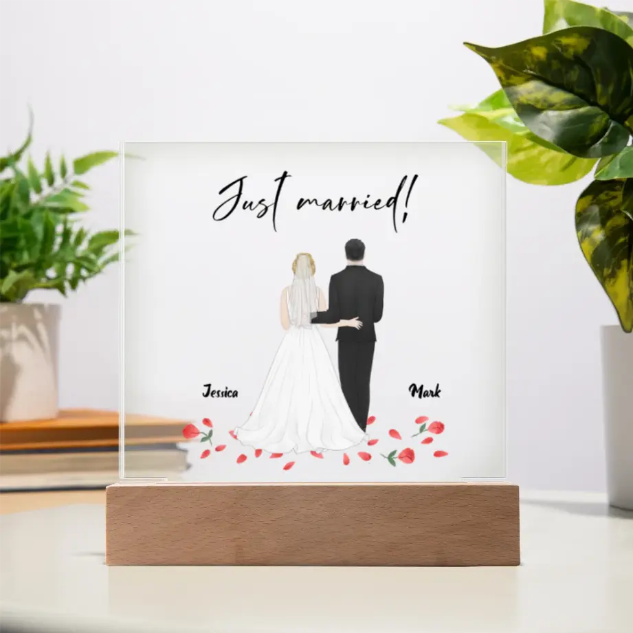 Personalized “Just Married” Acrylic Wedding Plaque – Bride & Groom Custom Names with LED Base shineon