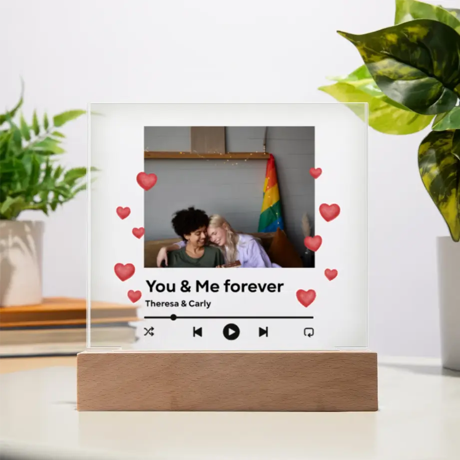Personalized Music Player Photo Acrylic Plaque – “You & Me Forever” Couples Gift with LED Base shineon