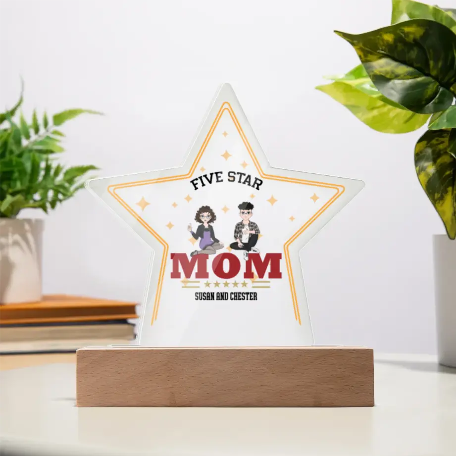 Personalized “Five Star Mom” Star Plaque – Custom Acrylic Gift with Kids’ Names & Characters shineon