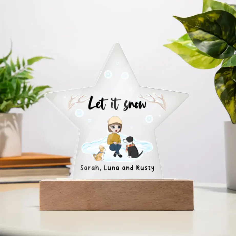 Personalized Winter Star Plaque – Custom “Let It Snow” Acrylic Gift with Pet & Character Illustration shineon