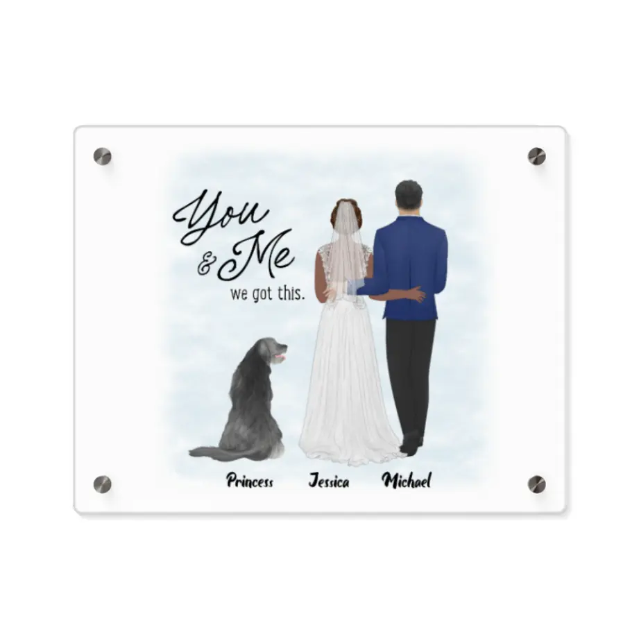 Custom Wedding Acrylic Wall Art – “You & Me We Got This” with Couple & Dog Illustration printify