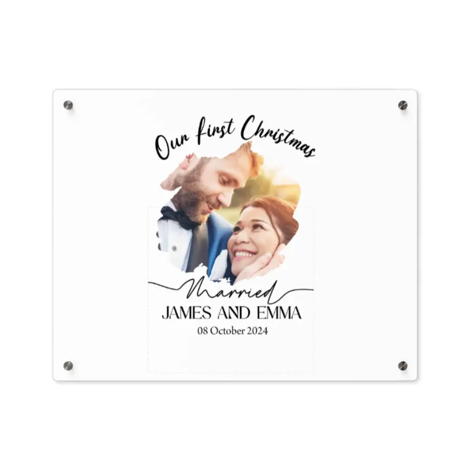Custom Wedding Acrylic Wall Art – “Our First Christmas Married” with Photo, Names & Date printify