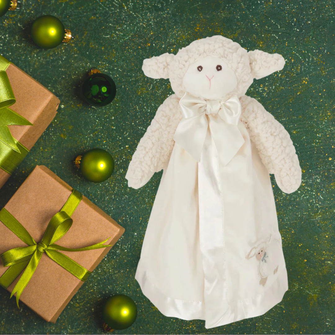 Bearington Baby Lamby Snuggler – 15” White Lamb Security Blanket Lovey with Gift Box | Plush Baptism Gift for Boys & Girls Lichi Gifts