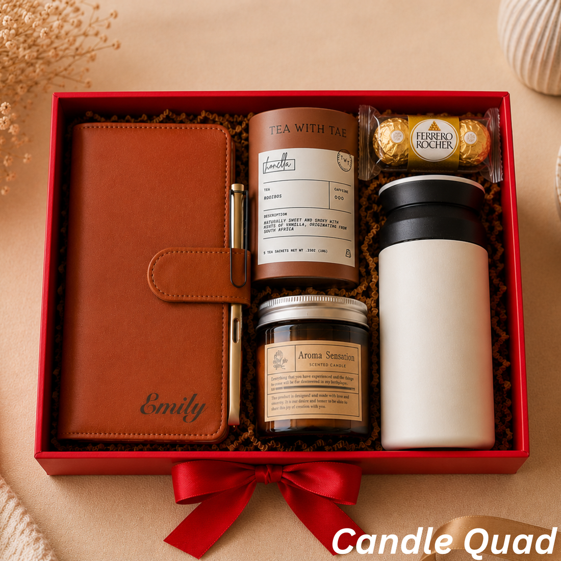 Personalized Journal & Travel Tumbler Gift Box — Tea, Candle & Treats Lichi Gifts