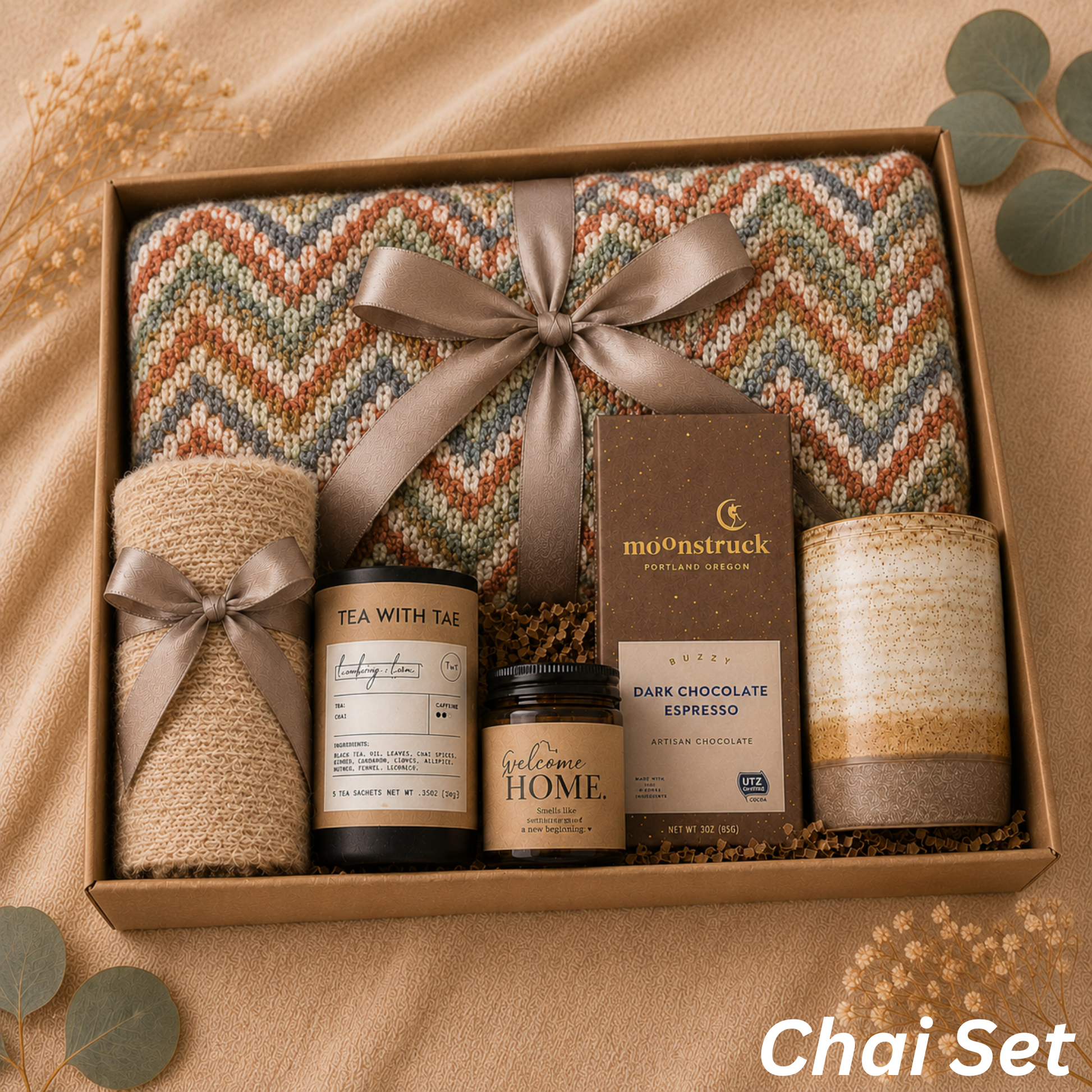 Cozy Chai Gift Box — Chevron Blanket, Chai Tea, Chocolate & Candle Lichi Gifts
