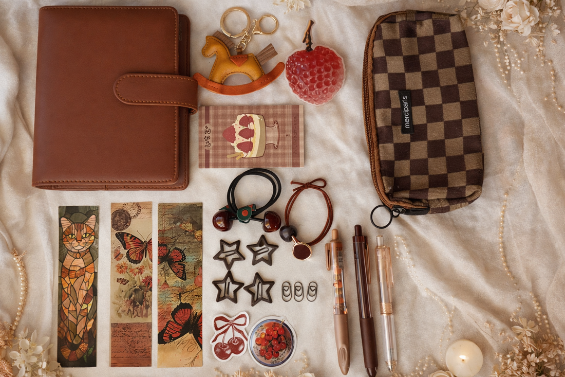 Collection of small items including a brown leather wallet, checkered pouch, and decorative objects on a textured surface.
