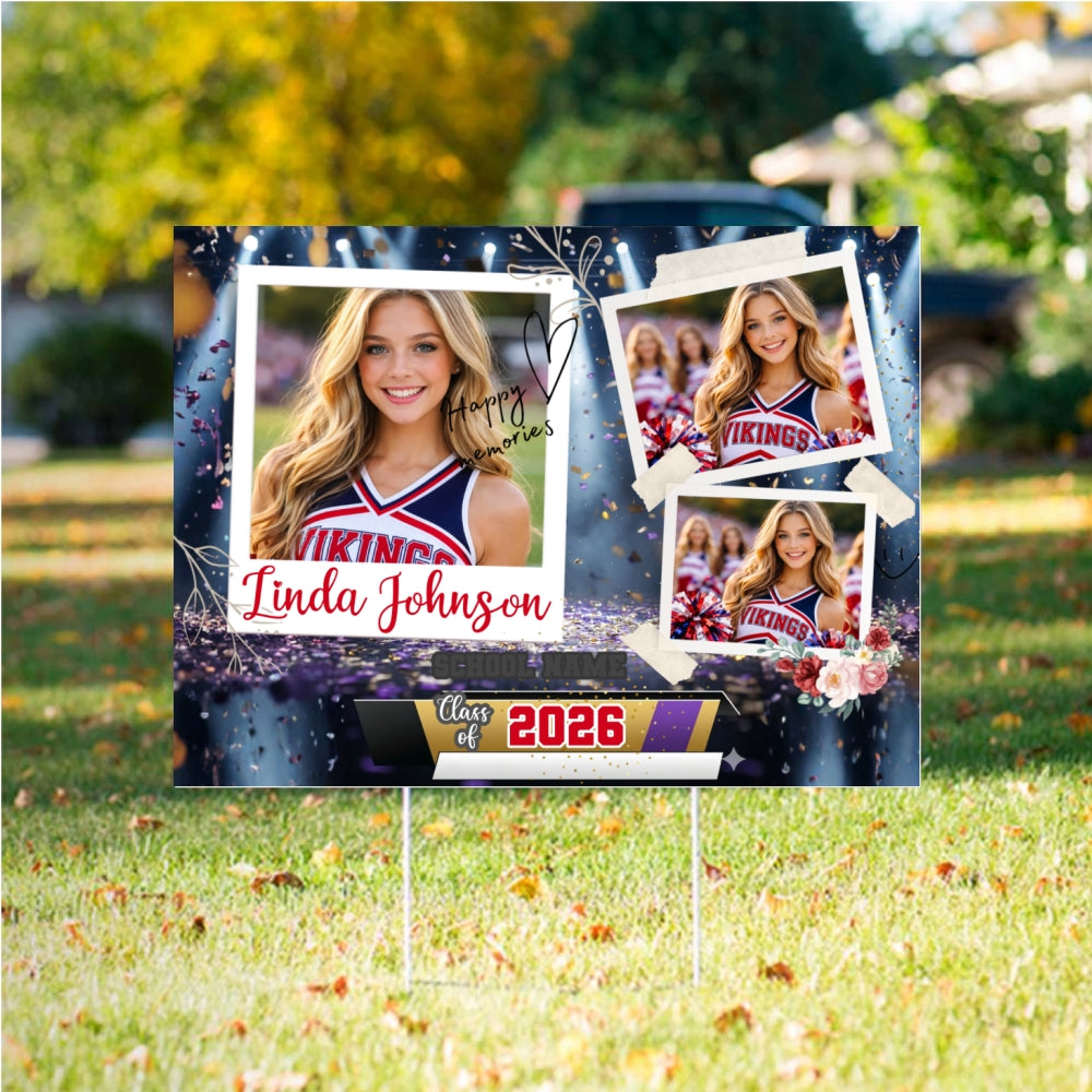 Personalized yard sign with photos and text on a grassy background