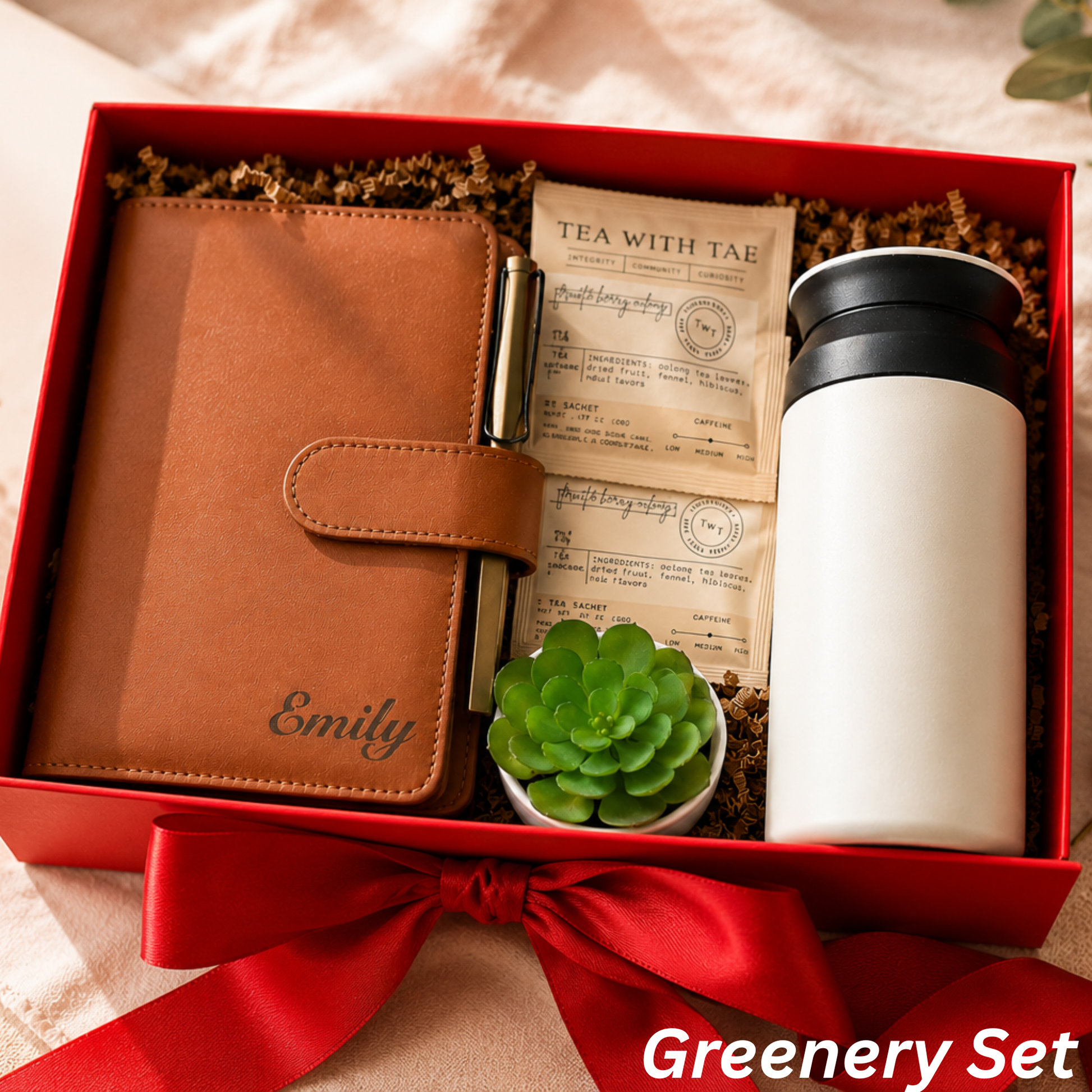 Personalized Journal Gift Set — Engraved Journal, Tea, Succulent & Tumbler Lichi Gifts
