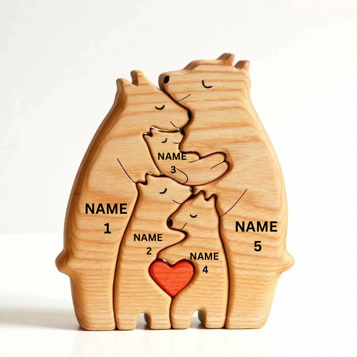 Personalized Wooden Bear Family Puzzle – Featuring Two Bears, Three Cubs, and Heart-Shaped Accents