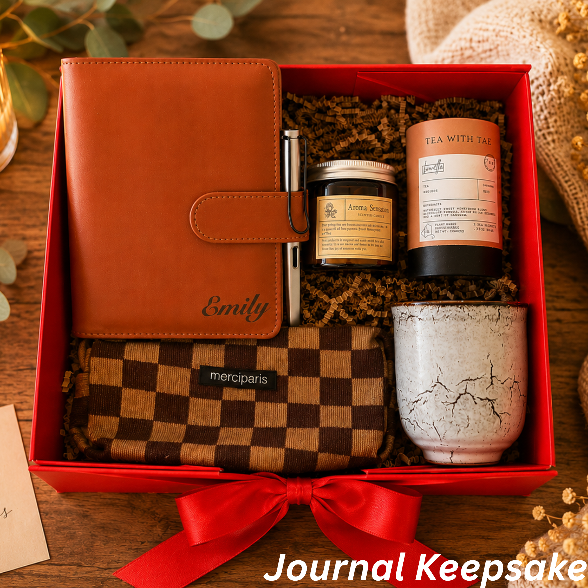Personalized Journal Gift Box — Engraved Leather Journal, Tea & Candle Lichi Gifts