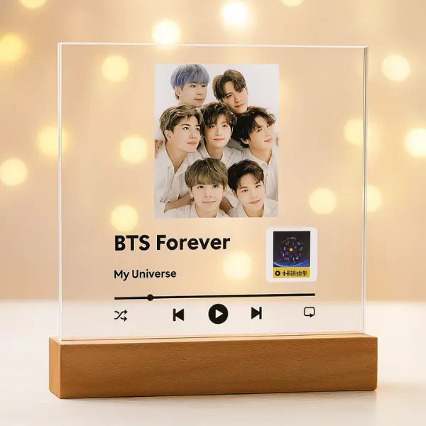 Custom K-Pop Acrylic Music Plaque with Spotify Code – Personalized Idol Photo Stand with LED Base shineon