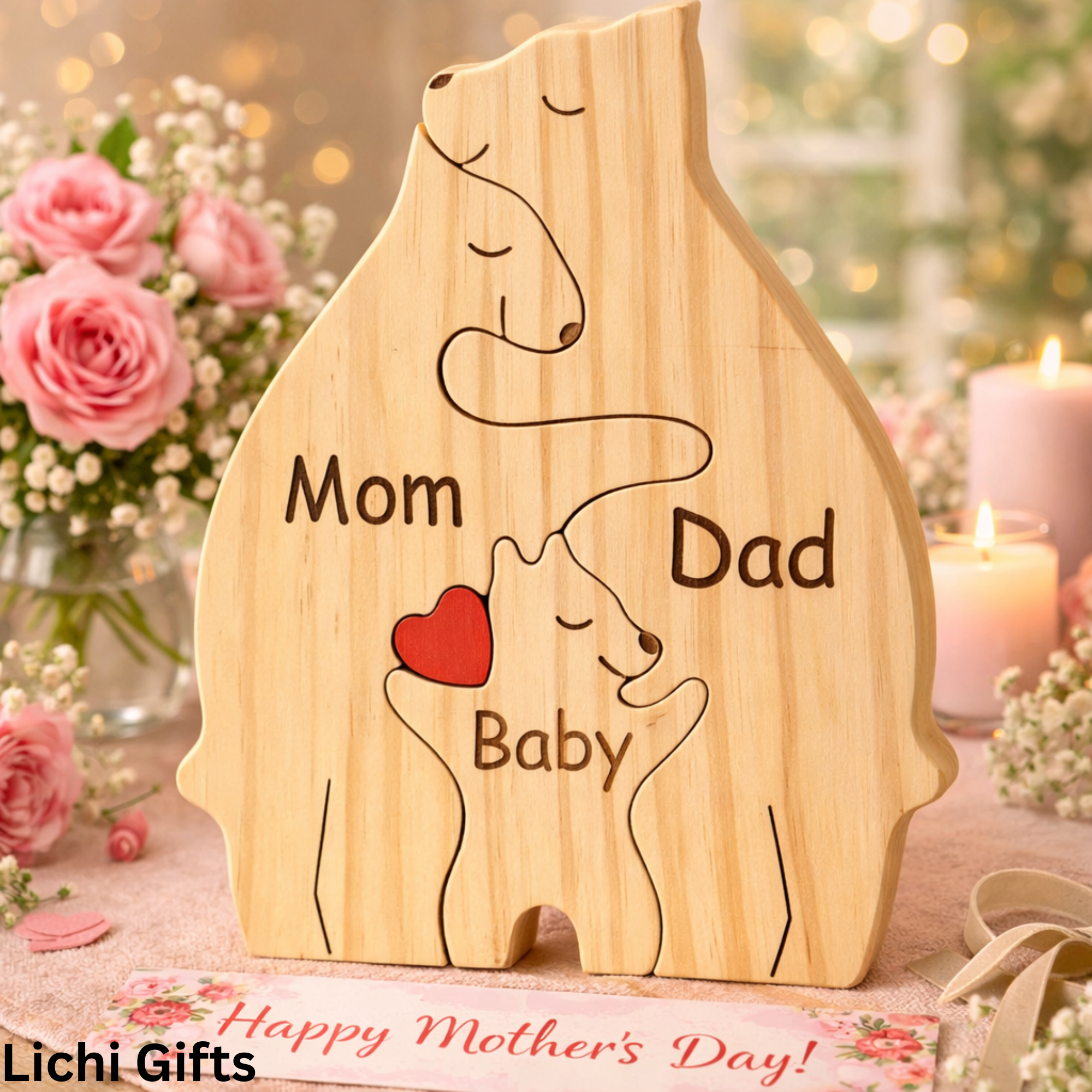 🐻 Personalized Wooden Bear Puzzle – Celebrate Your Family with a Handcrafted Gift customall
