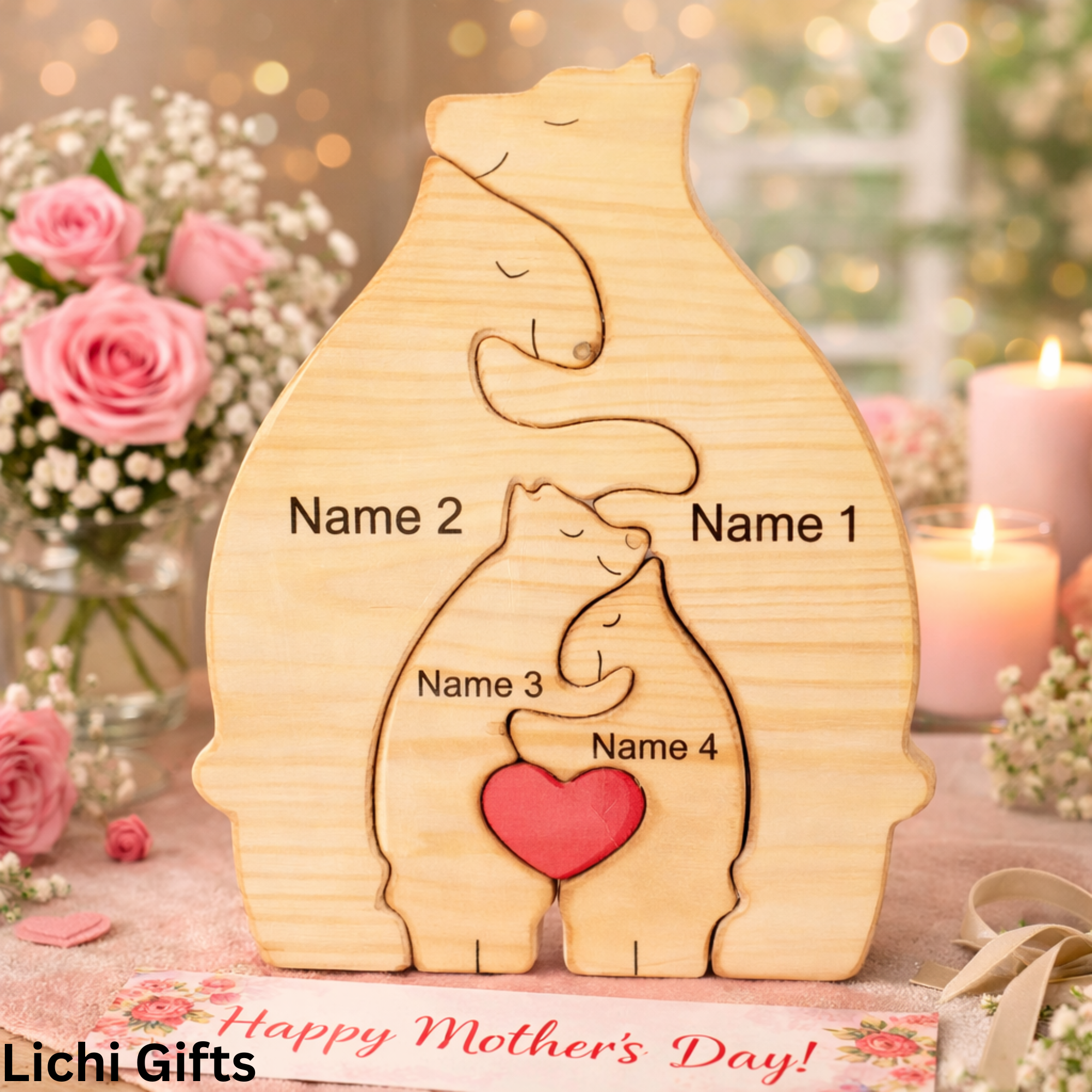🐻 Personalized Wooden Bear Puzzle – Celebrate Your Family with a Handcrafted Gift customall