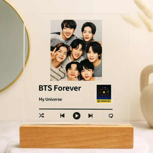 Custom K-Pop Acrylic Music Plaque with Spotify Code – Personalized Idol Photo Stand with LED Base shineon