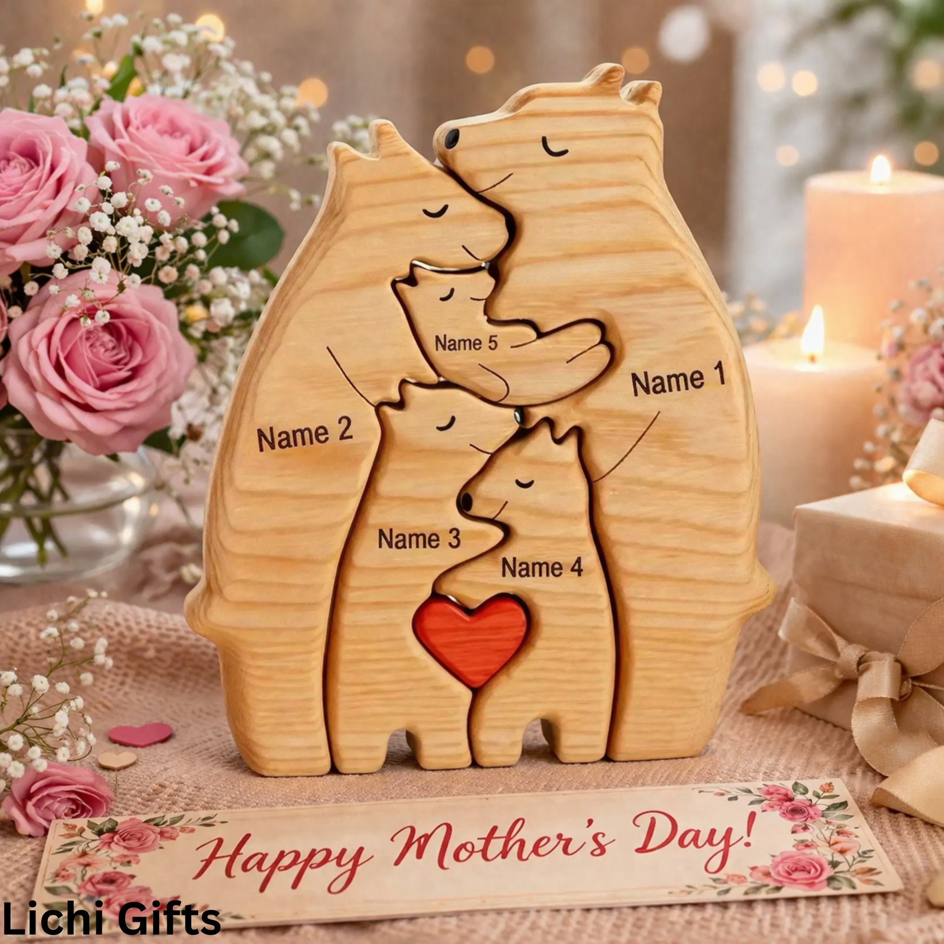 🐻 Personalized Wooden Bear Puzzle – Celebrate Your Family with a Handcrafted Gift customall