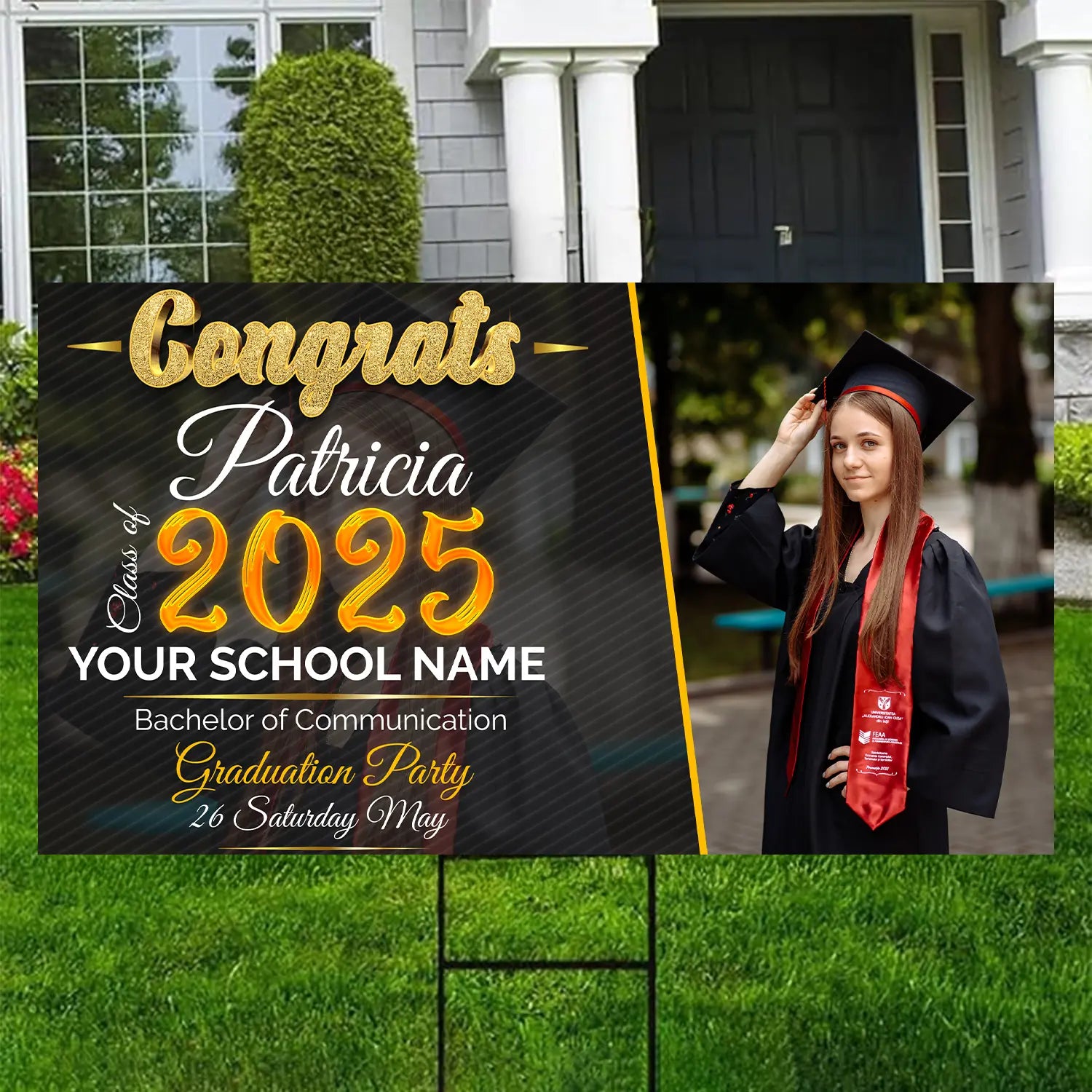 Personalized Graduation Yard Sign – Class of 2025 | Custom Name, School, Degree, and Photo | Elegant Black and Gold Design" Lichi Gifts