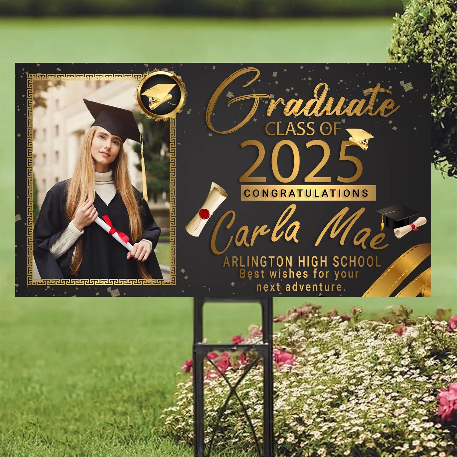 Elegant Black and Gold Graduation Yard Sign – Class of 2025 | Customizable with Photo and Name | Ideal for High School or College Graduates Lichi Gifts