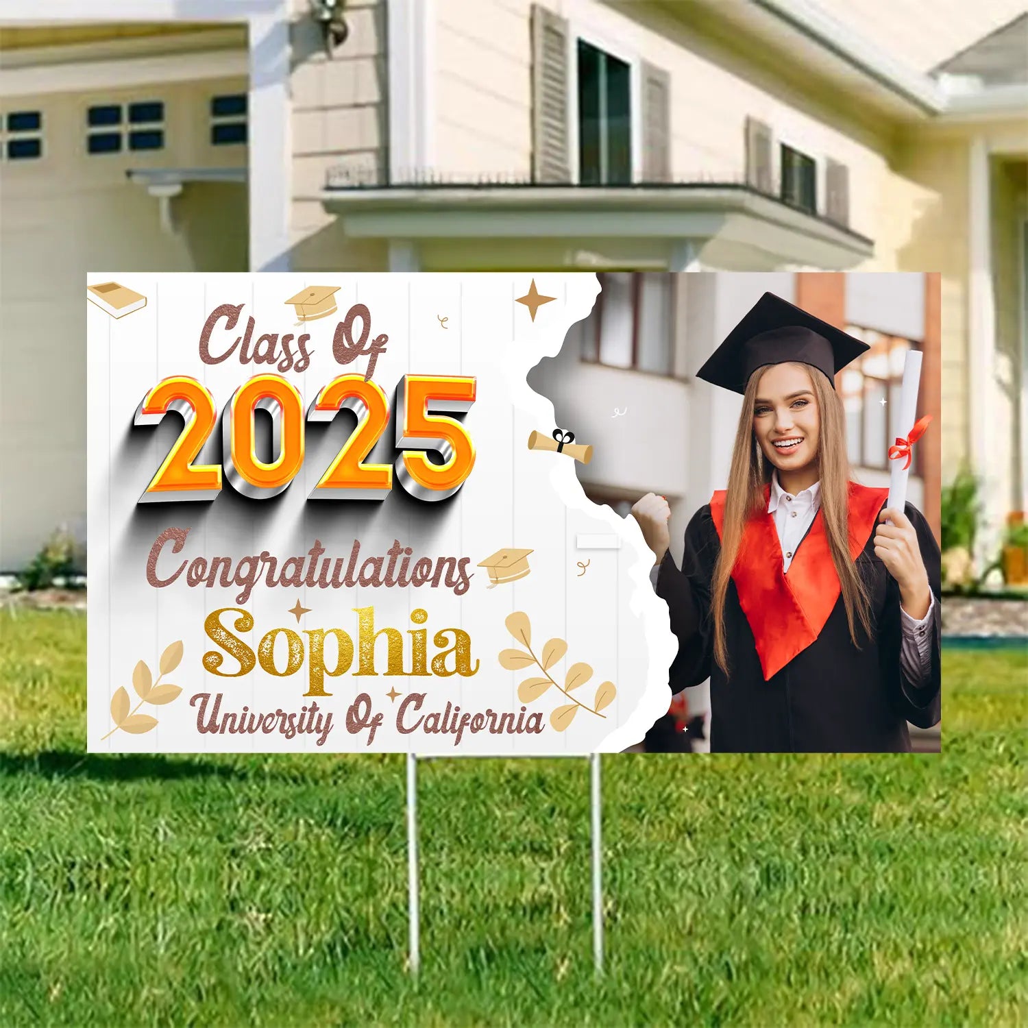 Personalized Graduation Yard Sign – Class of 2025 | White & Gold Design with Photo | Customizable for High School or College Graduates Lichi Gifts