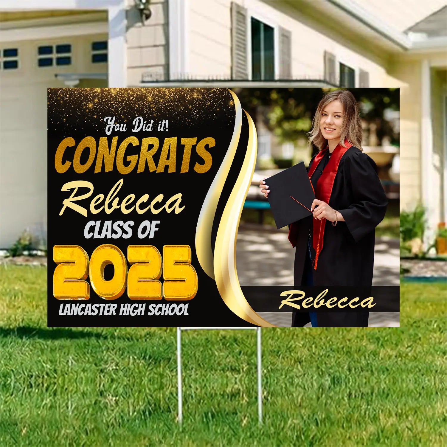 Custom Graduation Yard Sign – Class of 2025 | Personalized with Name, School, and Photo | Elegant Black & Gold Design Lichi Gifts