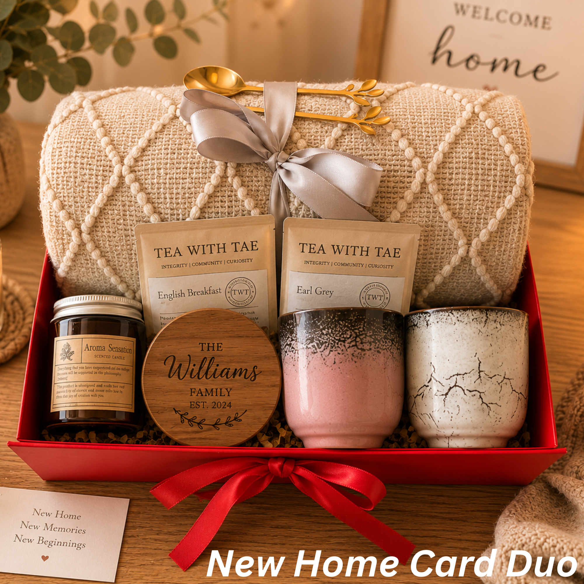 New Home Gift Box — Personalized Housewarming Blanket, Tea & Two-Mug Set Lichi Gifts