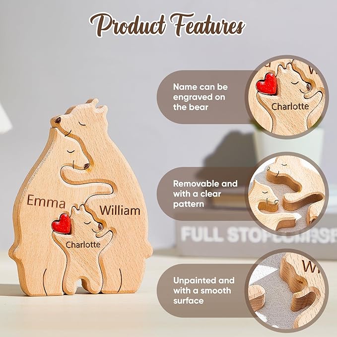 🐻 Personalized Wooden Bear Puzzle – Celebrate Your Family with a Handcrafted Gift customall