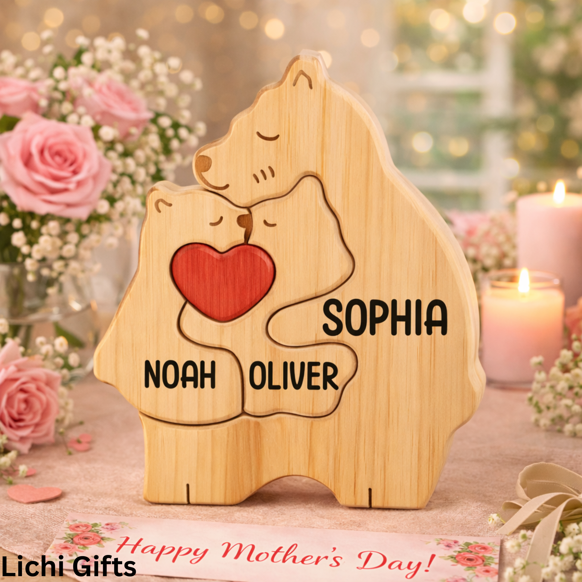 Personalized Wooden Bear Puzzle Single Parent