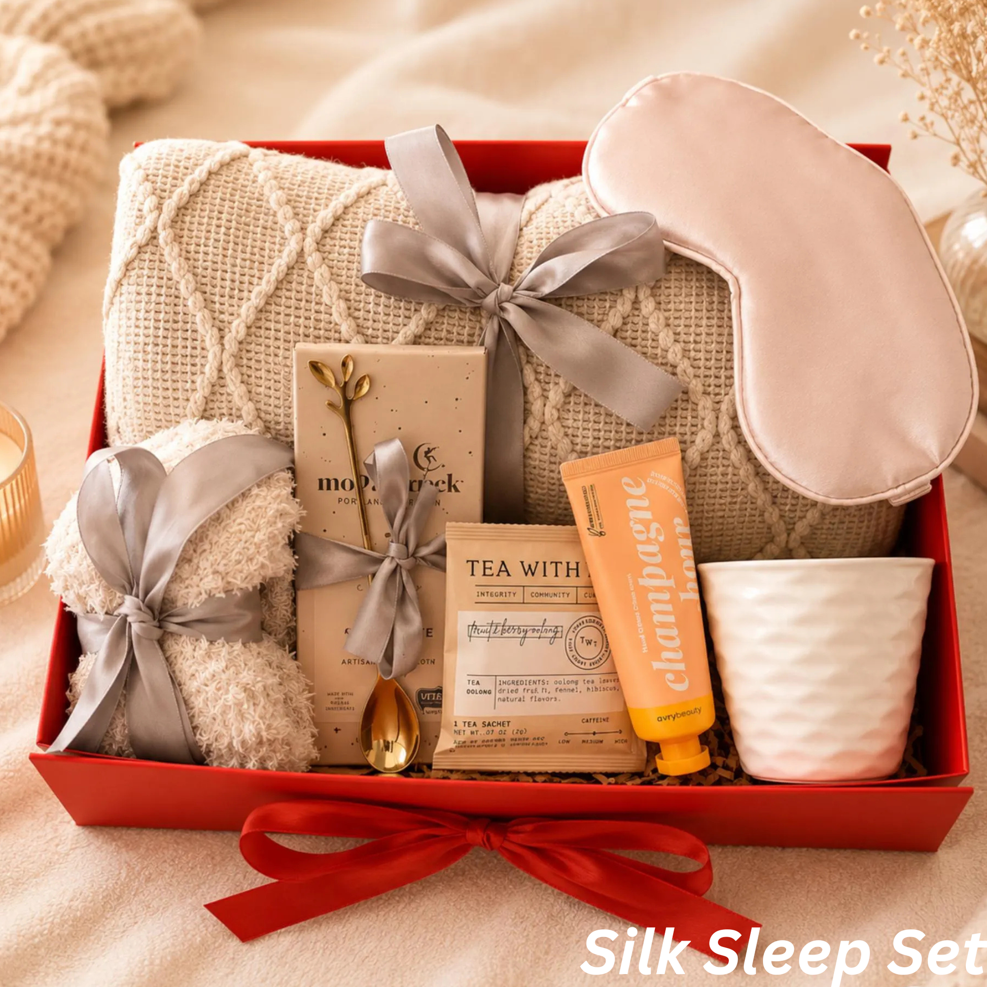 Silk Sleep Gift Box for Her — Sleep Mask, Cozy Blanket, Tea & Socks Lichi Gifts