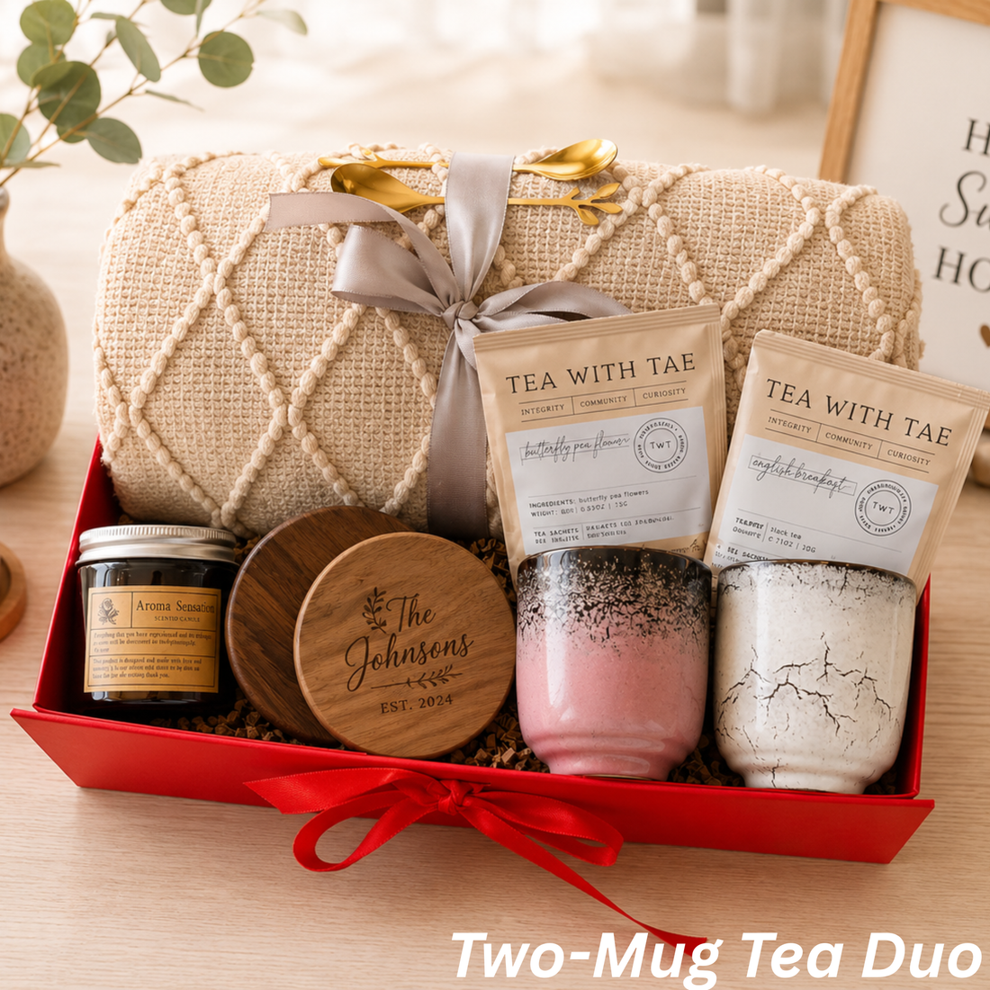 Cozy Comfort Gift Box — Personalized Blanket, Tea & Two-Mug Set Lichi Gifts