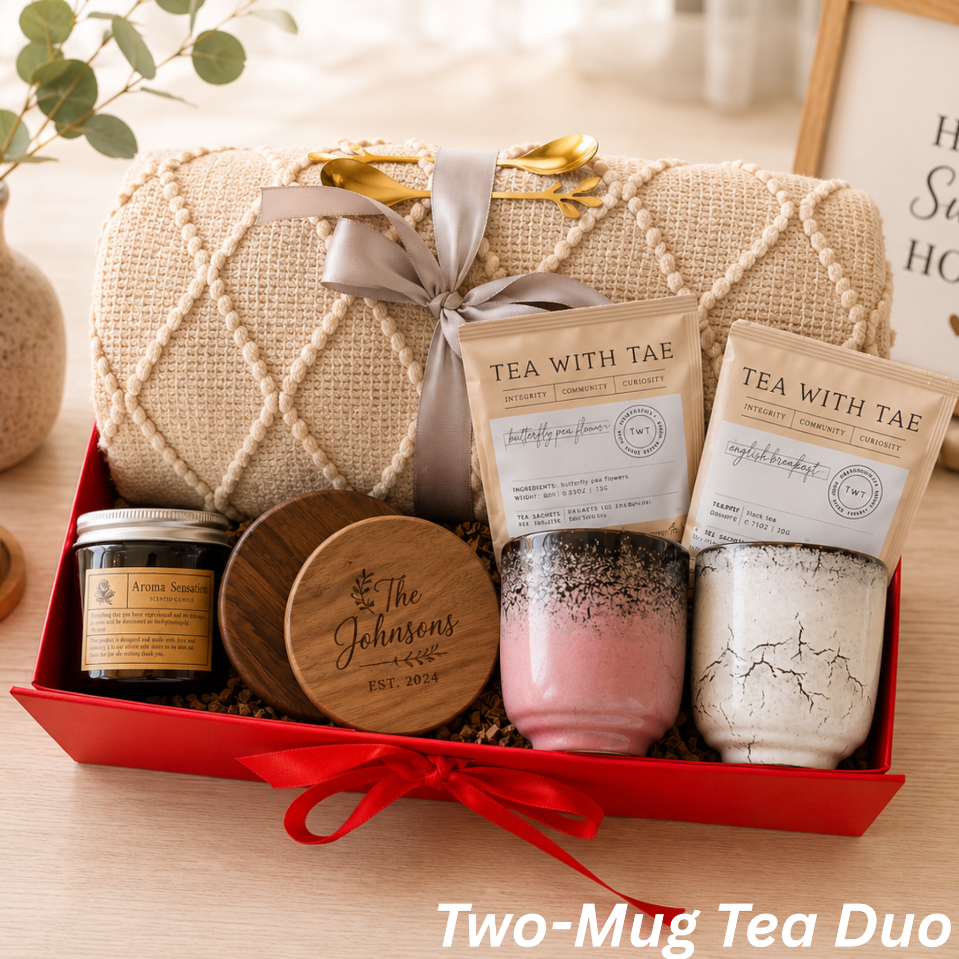 Cozy Comfort Gift Box — Personalized Blanket, Tea & Two-Mug Set Lichi Gifts