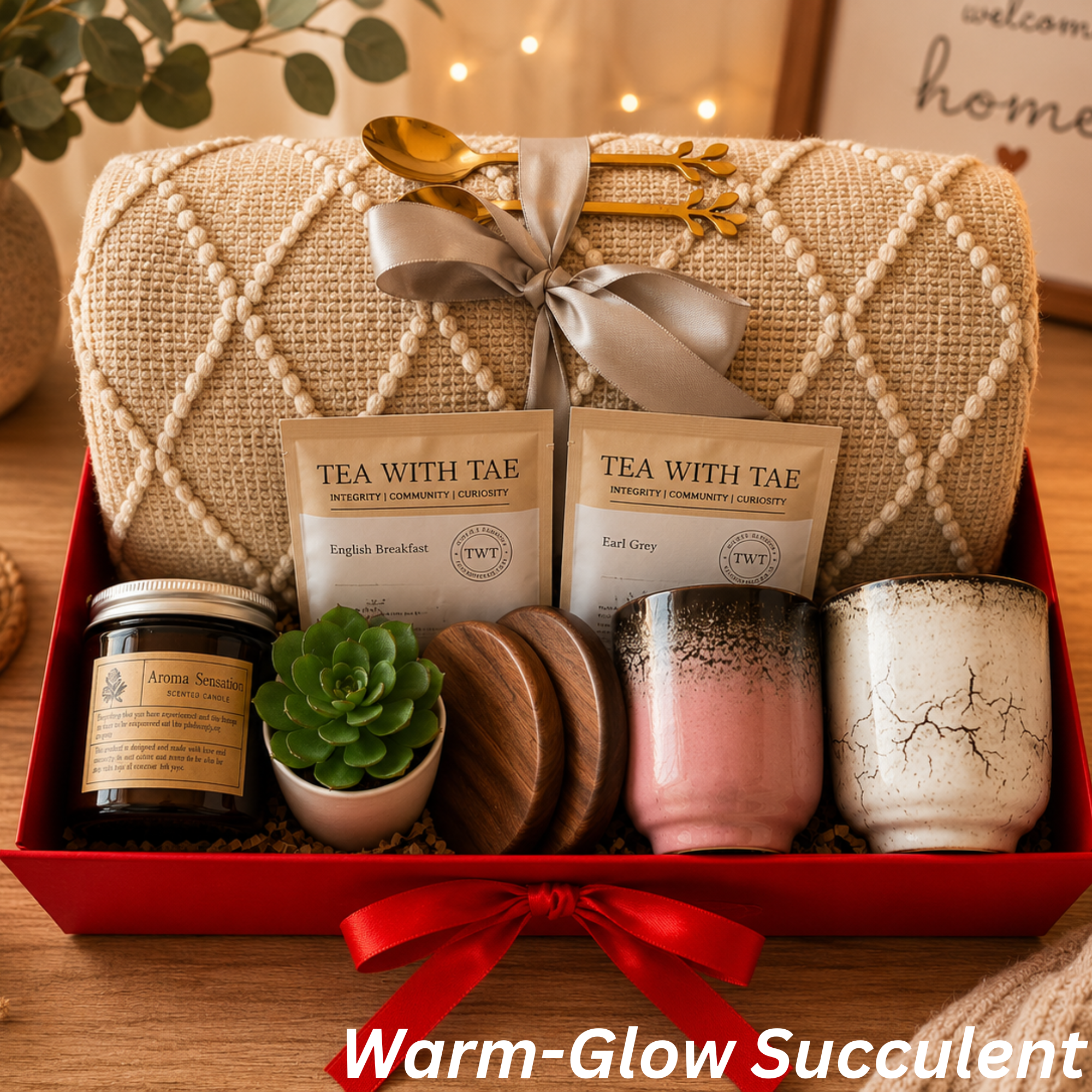Succulent Gift Box for Two — Cozy Blanket, Tea & Two-Mug Set Lichi Gifts
