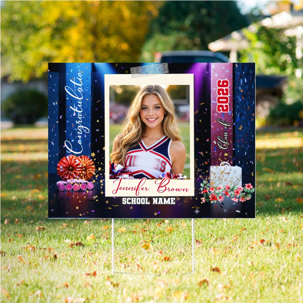 Graduation-themed yard sign with a photo of a young woman, colorful design elements, and text.