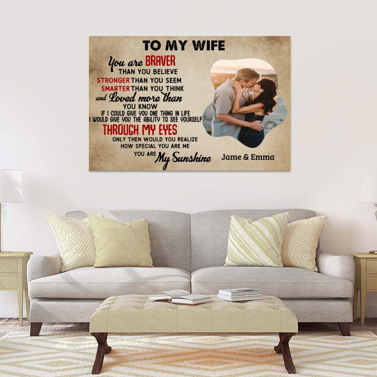 To My Wife Canva – “You Are Braver Than You Believe” – My Sunshine Wife Canvas – Vintage Romantic Wall Art Gift for Her