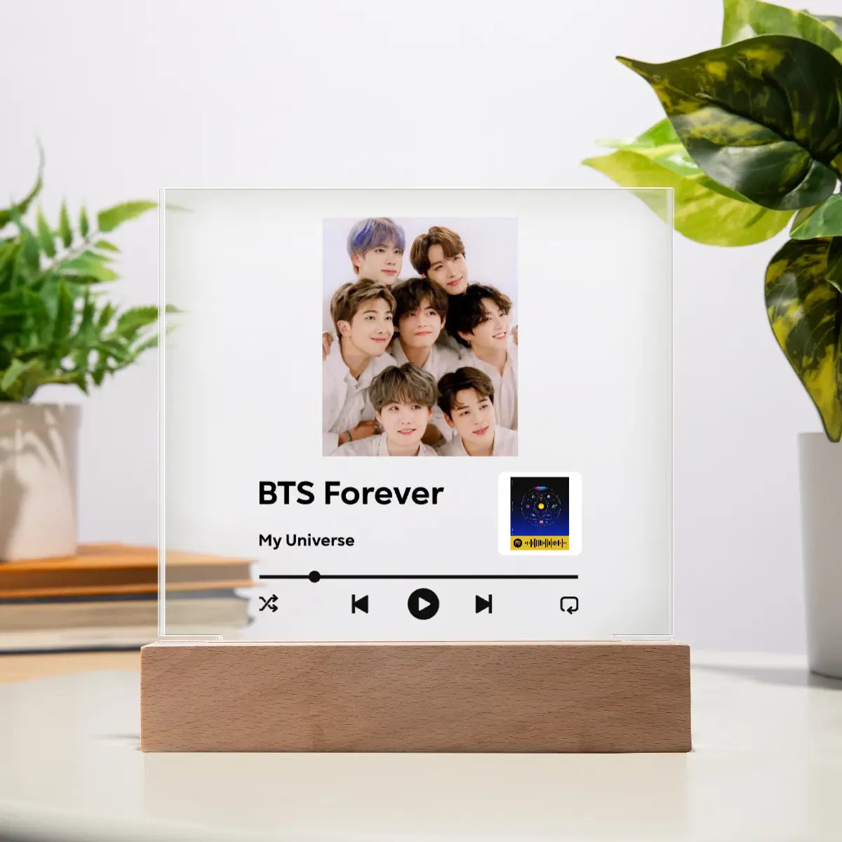 Custom K-Pop Acrylic Music Plaque with Spotify Code – Personalized Idol Photo Stand with LED Base shineon