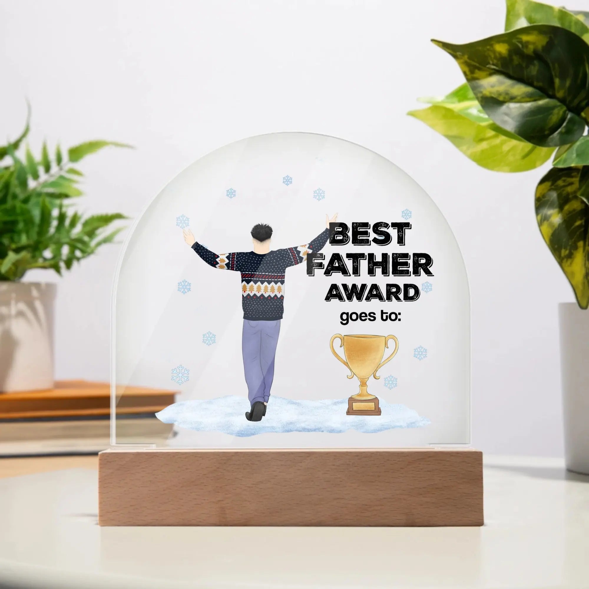 Best Father Award Acrylic Dome Plaque – Personalized Winter Gift with Cartoon Dad & Trophy Design shineon