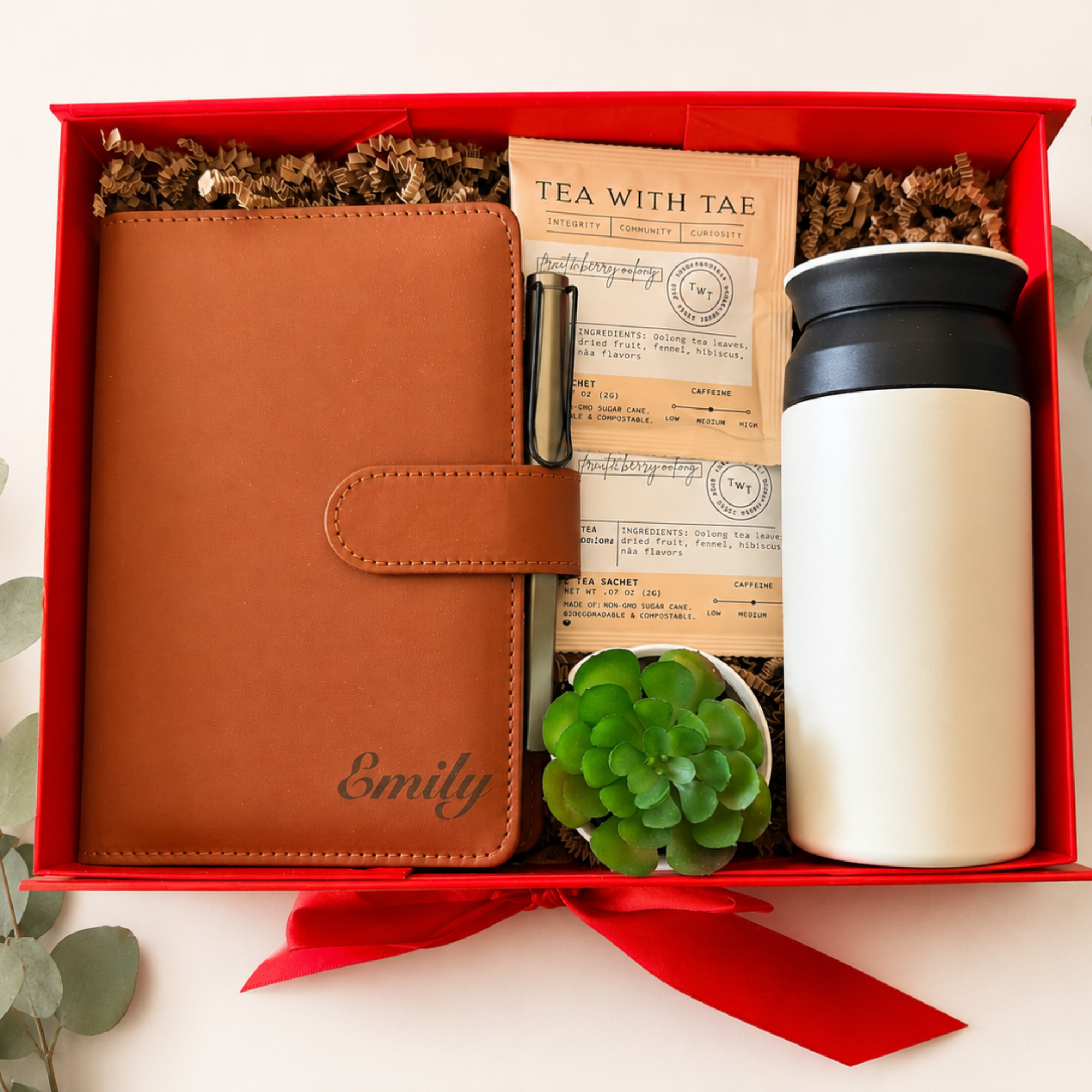 personalized employee gift box with leather notebook and tumble