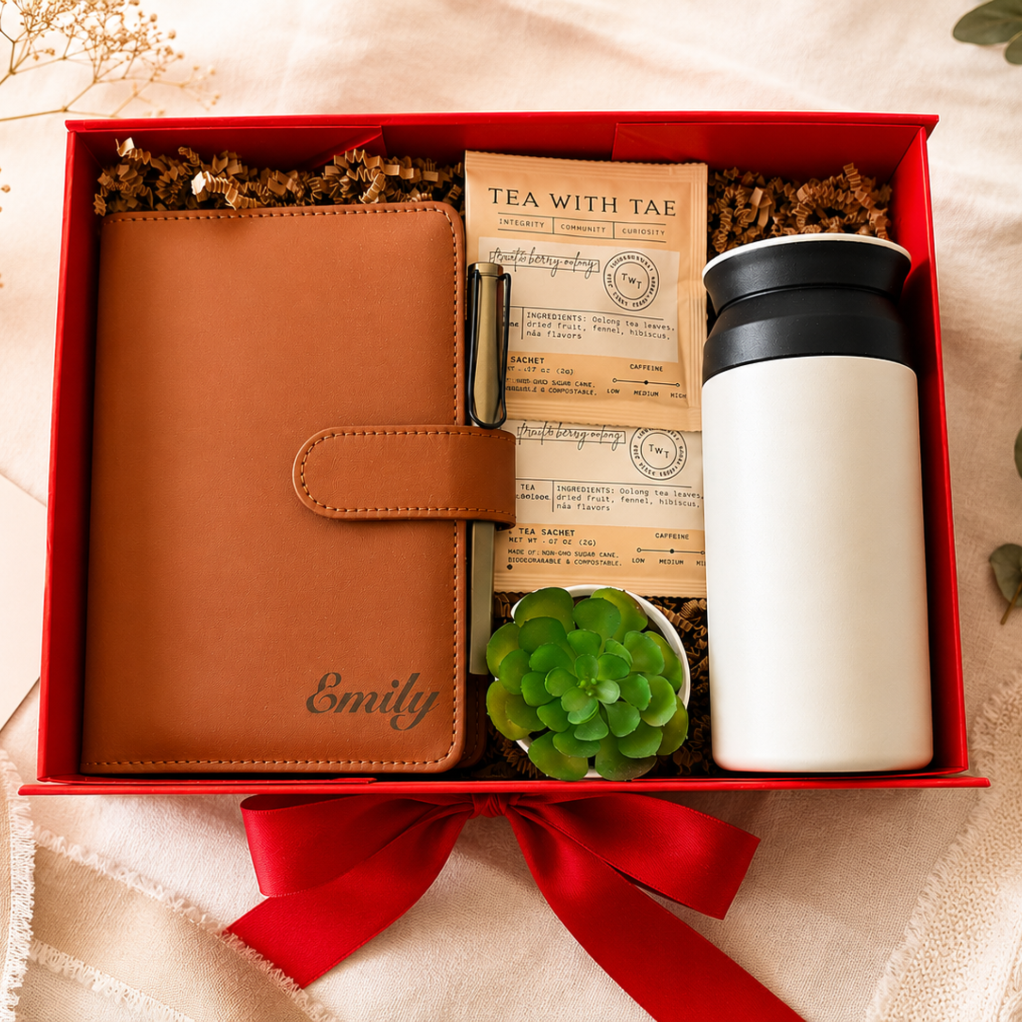 personalized employee gift box with leather notebook and tumble