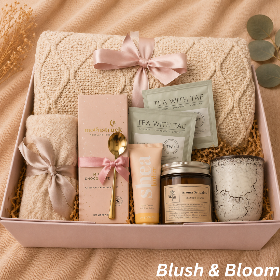 Cozy self care gift box for women arranged as a birthday care package